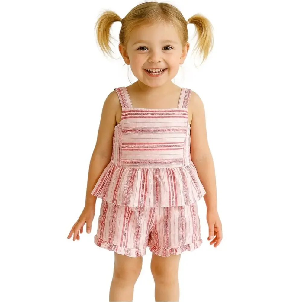 Btween Matching Red and Pink Striped Tank Top and Shorts Set - Size 4 - Picture 1 of 4